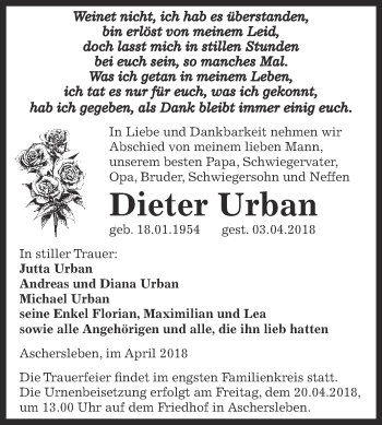 Traueranzeige von Dieter Urban von Super Sonntag Aschersleben
