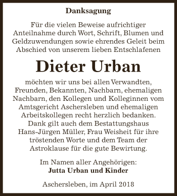 Traueranzeige von Dieter Urban von Super Sonntag Aschersleben