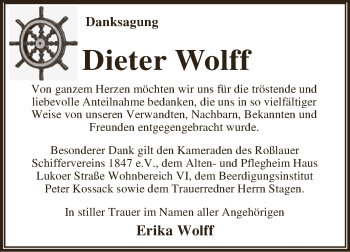 Traueranzeige von Dieter Wolff von WVG - Wochenspiegel Dessau / Köthen