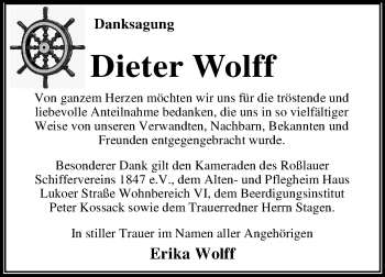 Traueranzeige von Dieter Wolff von Mitteldeutsche Zeitung Dessau-Roßlau