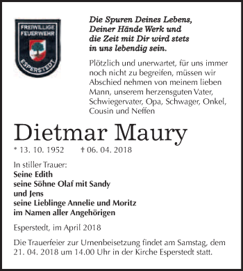 Traueranzeige von Dietmar Maury von WVG - Wochenspiegel Merseburg