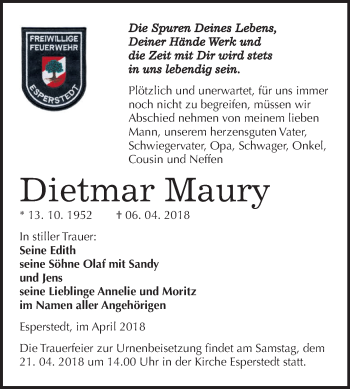 Traueranzeige von Dietmar Maury von Mitteldeutsche Zeitung Merseburg/Querfurt