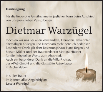 Traueranzeige von Dietmar Warzügel von Mitteldeutsche Zeitung Aschersleben