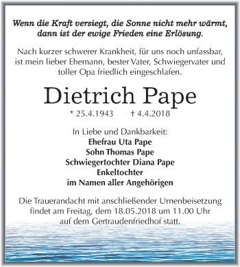 Traueranzeige von Dietrich Pape von Mitteldeutsche Zeitung Halle/Saalkreis