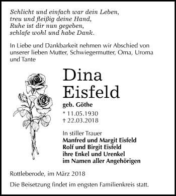 Traueranzeige von Dina Eisfeld von Mitteldeutsche Zeitung Sangerhausen