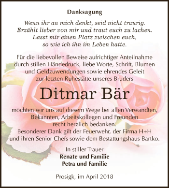 Traueranzeige von Ditmar Bär von WVG - Wochenspiegel Dessau / Köthen