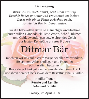 Traueranzeige von Ditmar Bär von Mitteldeutsche Zeitung Köthen
