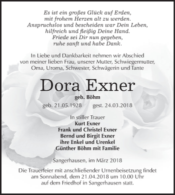 Traueranzeige von Dora Exner von Super Sonntag SGH Mansf. Land