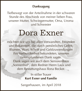 Traueranzeige von Dora Exner von Super Sonntag SGH Mansf. Land