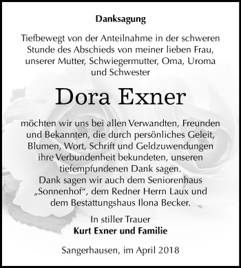 Traueranzeige von Dora Exner von Mitteldeutsche Zeitung