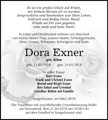 Traueranzeige von Dora Exner von Mitteldeutsche Zeitung