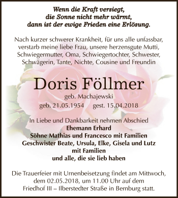 Traueranzeige von Doris Föllmer von Super Sonntag Bernburg