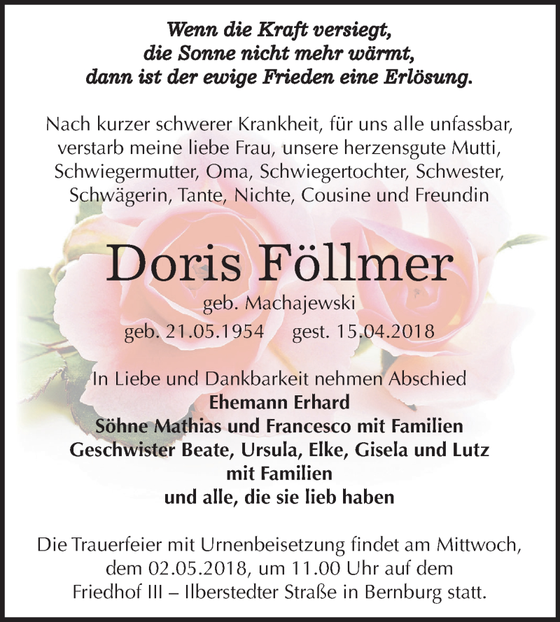  Traueranzeige für Doris Föllmer vom 21.04.2018 aus Mitteldeutsche Zeitung Bernburg