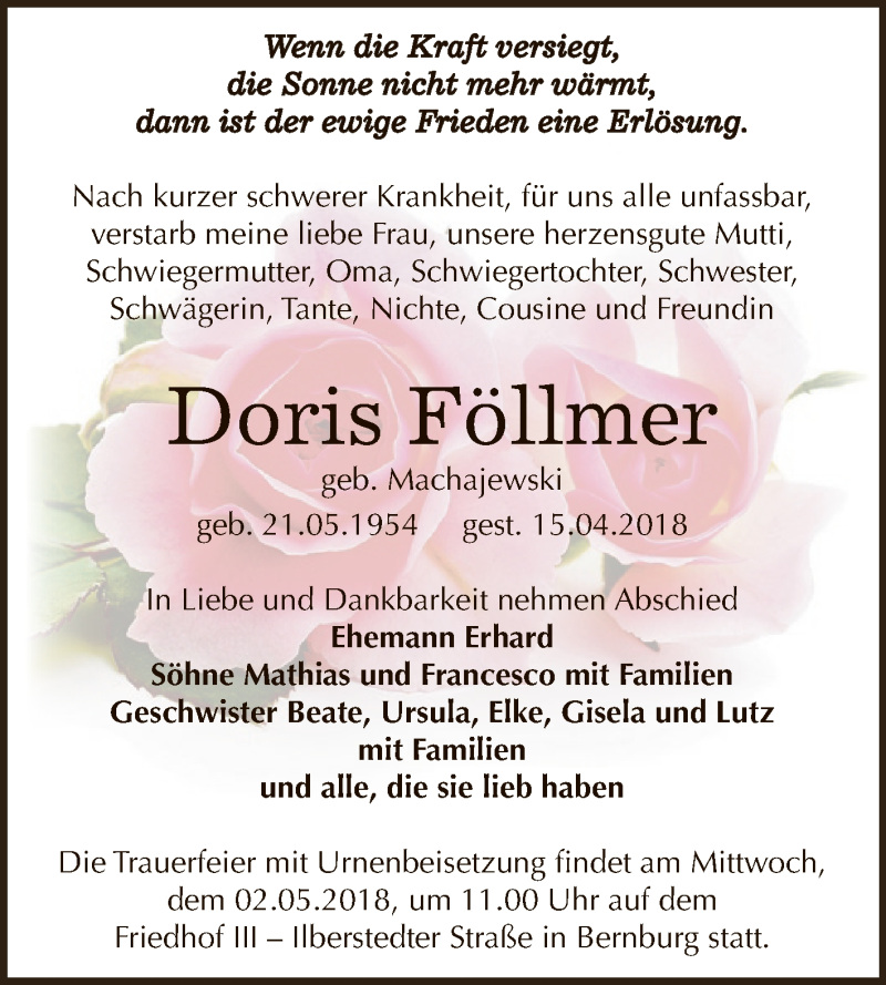  Traueranzeige für Doris Föllmer vom 21.04.2018 aus Super Sonntag Bernburg