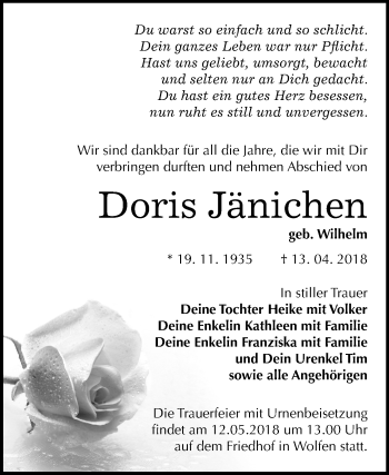 Traueranzeige von Doris Jänichen von Mitteldeutsche Zeitung Bitterfeld