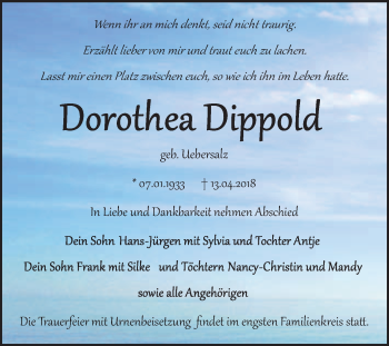 Traueranzeige von Dorothea Dippold von WVG - Wochenspiegel Bitterfeld