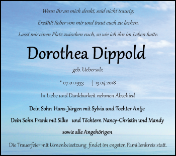 Traueranzeige von Dorothea Dippold von Mitteldeutsche Zeitung Bitterfeld