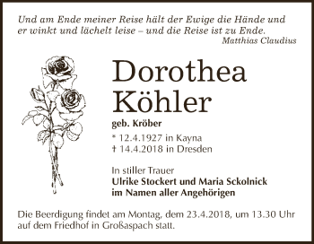 Traueranzeige von Dorothea Köhler von Super Sonntag Zeitz