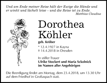 Traueranzeige von Dorothea Köhler von Mitteldeutsche Zeitung