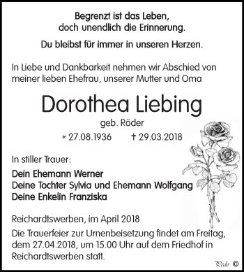 Traueranzeige von Dorothea Liebing von WVG - Wochenspiegel NMB / WSF / ZTZ