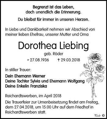 Traueranzeige von Dorothea Liebing von Mitteldeutsche Zeitung Weißenfels