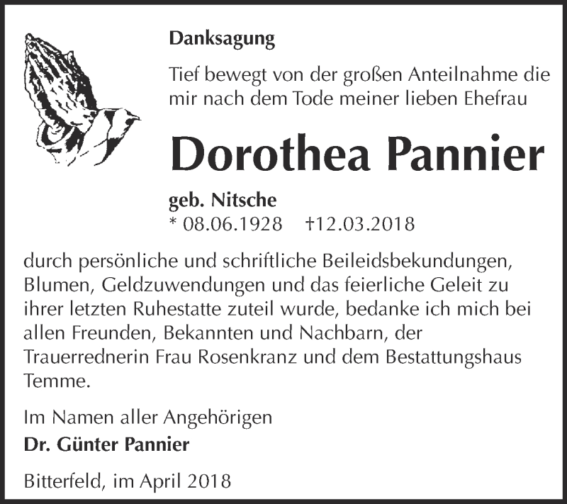  Traueranzeige für Dorothea Pannier vom 18.04.2018 aus WVG - Wochenspiegel Bitterfeld