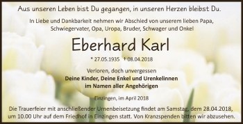 Traueranzeige von Eberhard Karl von WVG - Wochenspiegel SGH