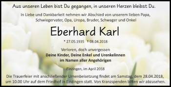 Traueranzeige von Eberhard Karl von Mitteldeutsche Zeitung Sangerhausen