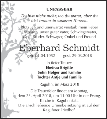Traueranzeige von Eberhard Schmidt von WVG - Wochenspiegel Bitterfeld