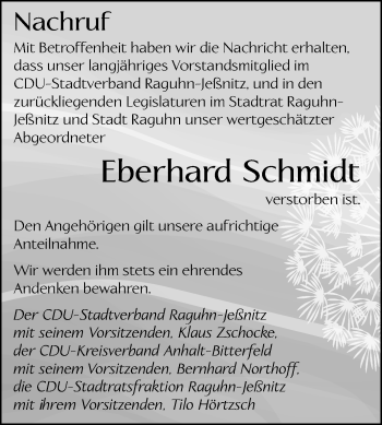 Traueranzeige von Eberhard Schmidt von Mitteldeutsche Zeitung Bitterfeld