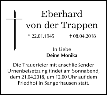 Traueranzeige von Eberhard von der Trappen von Mitteldeutsche Zeitung Sangerhausen