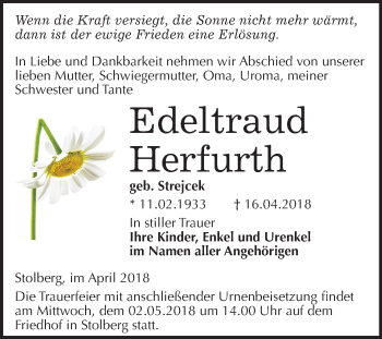Traueranzeige von Edeltraud Herfurth von Mitteldeutsche Zeitung