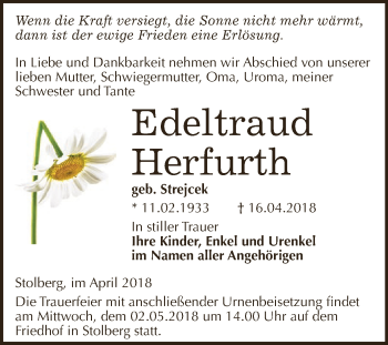 Traueranzeige von Edeltraud Herfurth von Super Sonntag SGH Mansf. Land