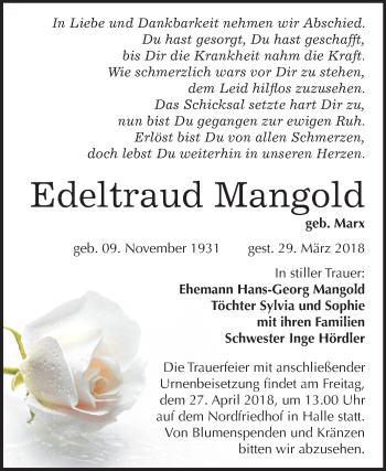 Traueranzeige von Edeltraud Mangold von Mitteldeutsche Zeitung Halle/Saalkreis