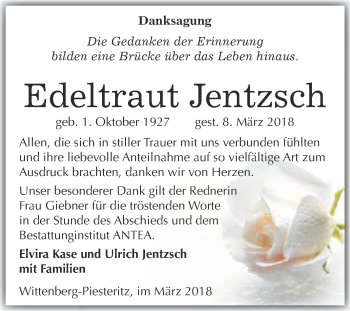 Traueranzeige von Edeltraut Jentzsch von Super Sonntag Wittenberg