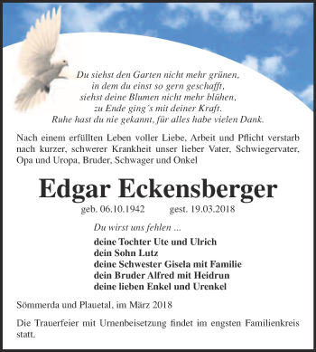 Traueranzeige von Edgar Eckensberger von Super Sonntag Merseburg