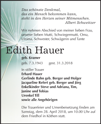 Traueranzeige von Edith Hauer von Mitteldeutsche Zeitung Köthen