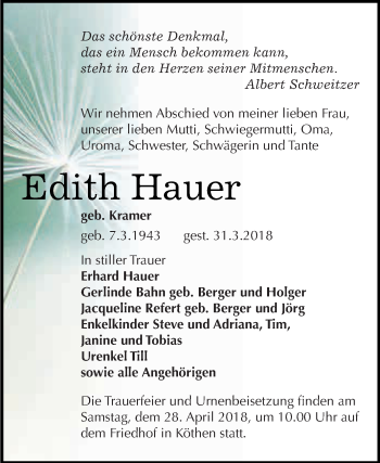 Traueranzeige von Edith Hauer von WVG - Wochenspiegel Dessau / Köthen