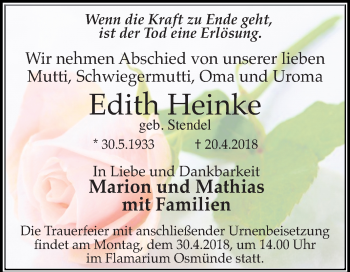 Traueranzeige von Edith Heinke von Mitteldeutsche Zeitung Halle/Saalkreis