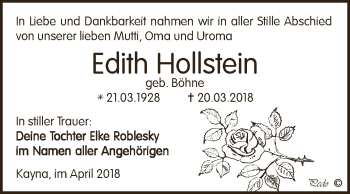 Traueranzeige von Edith Hollstein von Super Sonntag Zeitz