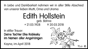 Traueranzeige von Edith Hollstein von Mitteldeutsche Zeitung Zeitz