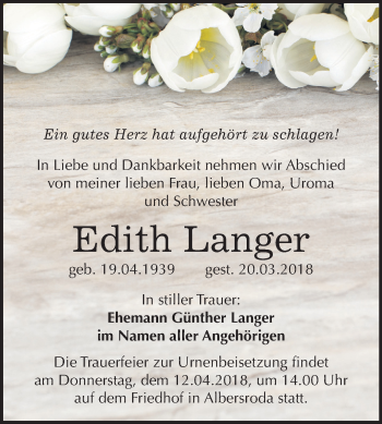 Traueranzeige von Edith Langer von Mitteldeutsche Zeitung Merseburg/Querfurt