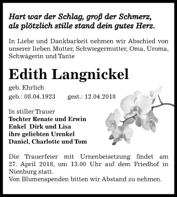 Traueranzeige von Edith Langnickel von Mitteldeutsche Zeitung Bernburg