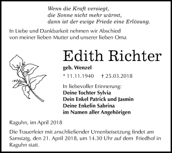 Traueranzeige von Edith Richter von Mitteldeutsche Zeitung Bitterfeld