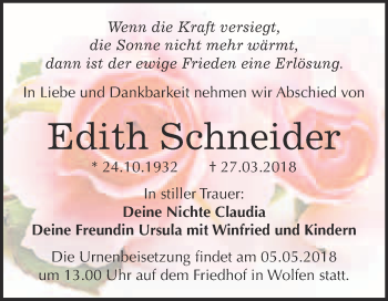Traueranzeige von Edith Schneider von WVG - Wochenspiegel Bitterfeld