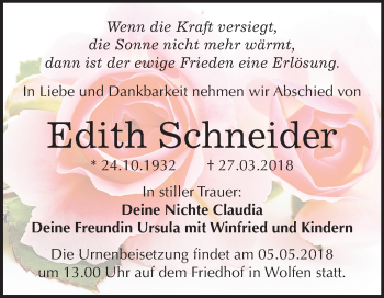Traueranzeige von Edith Schneider von Mitteldeutsche Zeitung Bitterfeld