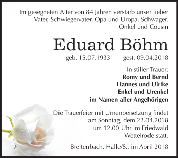 Traueranzeige von Eduard Böhm von Mitteldeutsche Zeitung Halle/Saalkreis