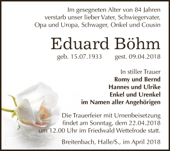 Traueranzeige von Eduard Böhm von Super Sonntag SGH Mansf. Land