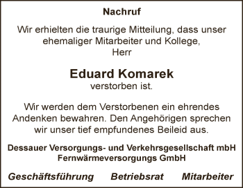 Traueranzeige von Eduard Komarek von Super Sonntag Dessau / Köthen