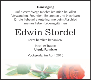 Traueranzeige von Edwin Stordel von WVG - Wochenspiegel Wittenberg